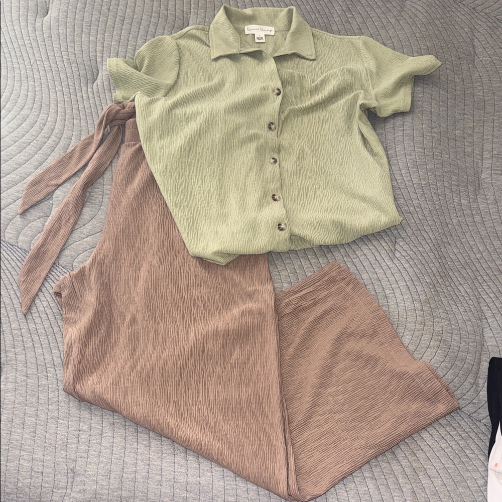 French Laundry Sage Green and Taupe Wide Leg Jumpsuit